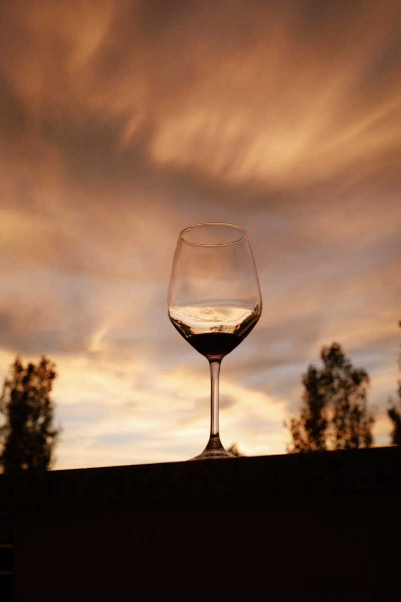 A wine glass against a dramatic sunset sky